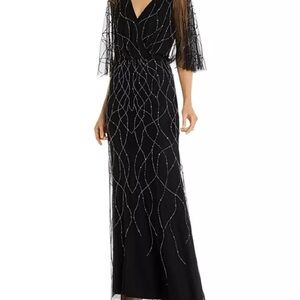 Adrianna Papell Black and Silver Maxi Gown with Bell Sleeves